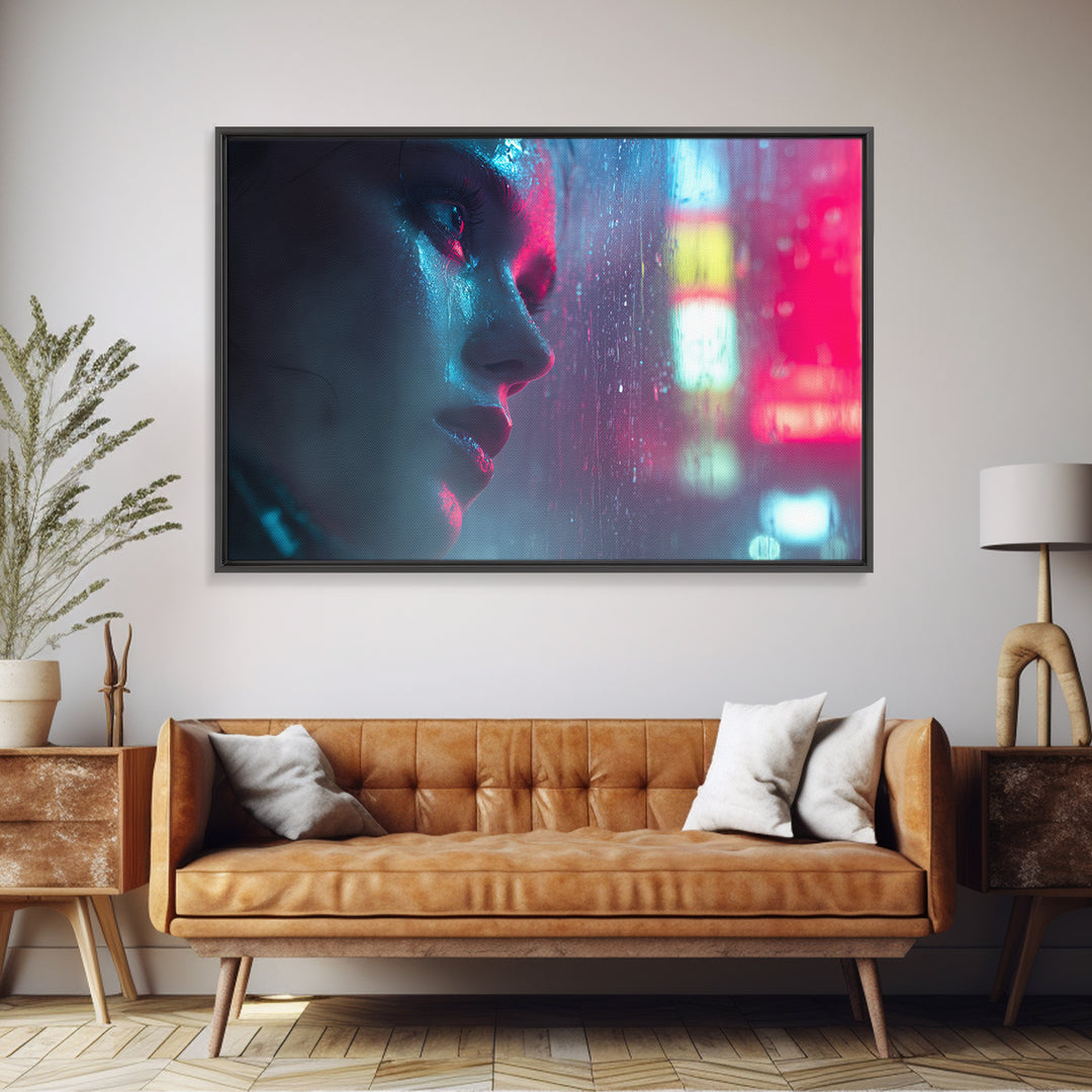 Ai Mask Portrait Framed Canvas Print, Cyberpunk Art, Wall Art, Living Room Decor, Oil Painting, Neon, Abstract Art, CYB-3x2-100