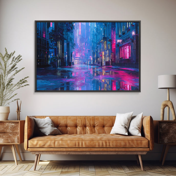 Rain Soaked Alley Canvas Print, Cyberpunk Art, Digital Art Print, Living Room Decor, Fine Art, Neon, Statement Artwork, CYB-3x2-12