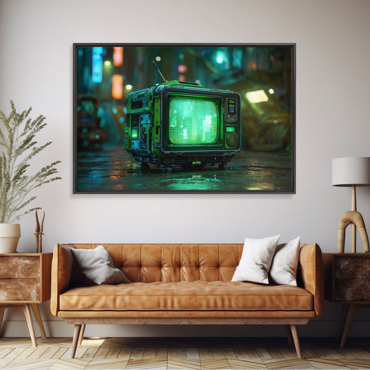 Retro Arcade Dystopia Framed Canvas Print, Cyberpunk Art, Abstract Art, Living Room Decor, Fine Art, Neon, Urban Wall Art, CYB-3x2-14