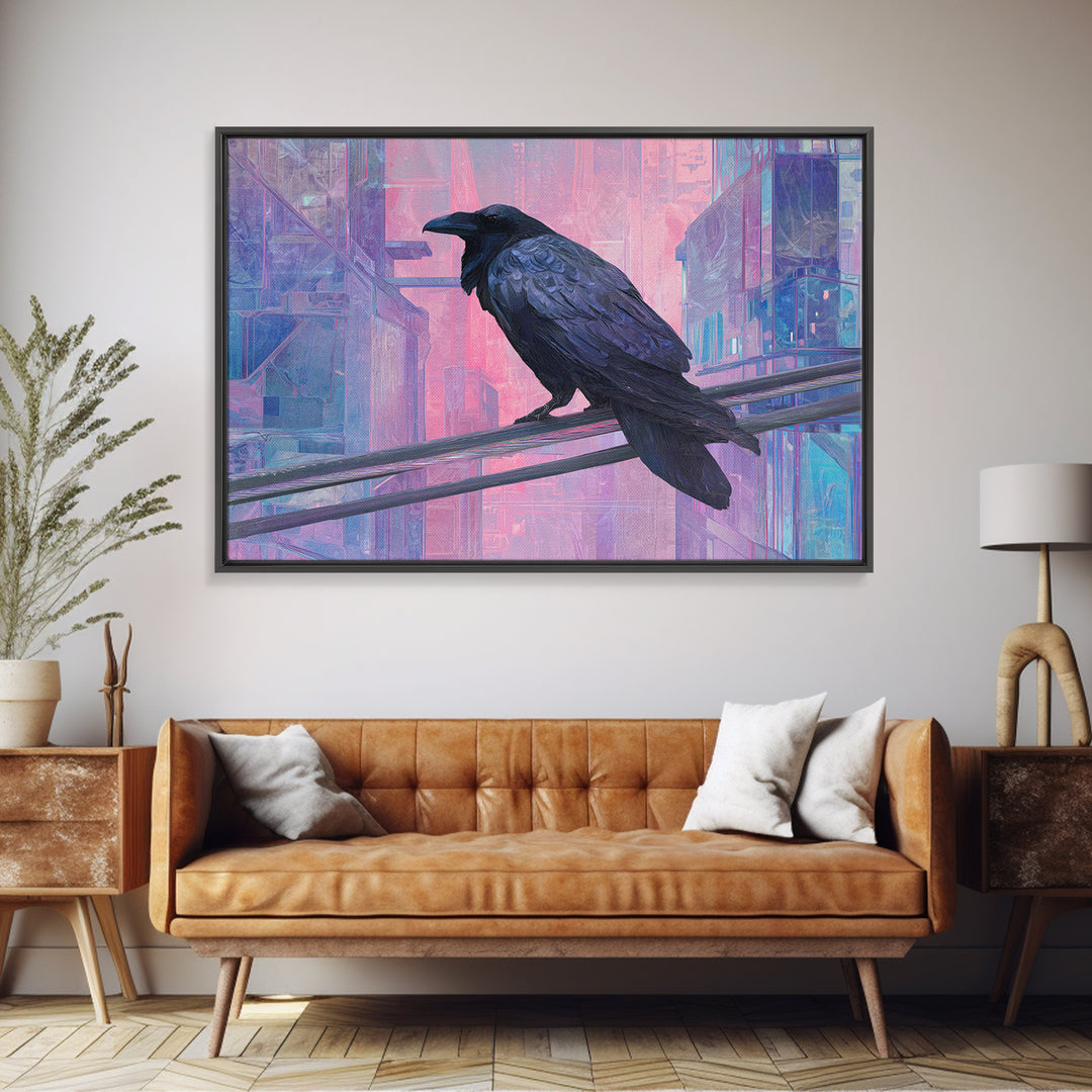 Cybernetic Raven Perched on a Cable Framed Canvas Print, Cyberpunk Art, Digital Download Art, Living Room Decor, Fine Art, Neon, CYB-3x2-15