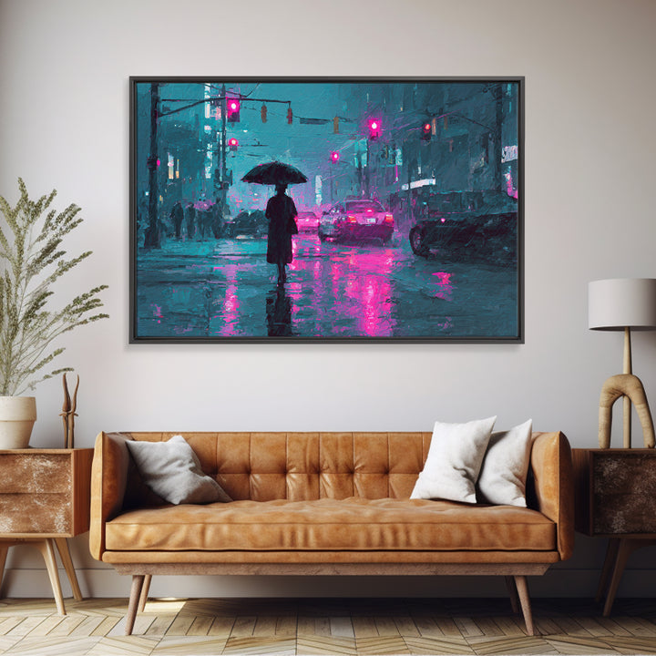 Glowing Umbrella Figure Framed Canvas Print, Cyberpunk Art, Statement Artwork, Living Room Decor, Fine Art, Neon, Art Print, CYB-3x2-19