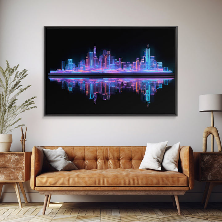 Neon Skyline Reflected Framed Canvas Print, Cyberpunk Art, Gothic Decor, Living Room Decor, Abstract Art, Neon, CYB-3x2-2