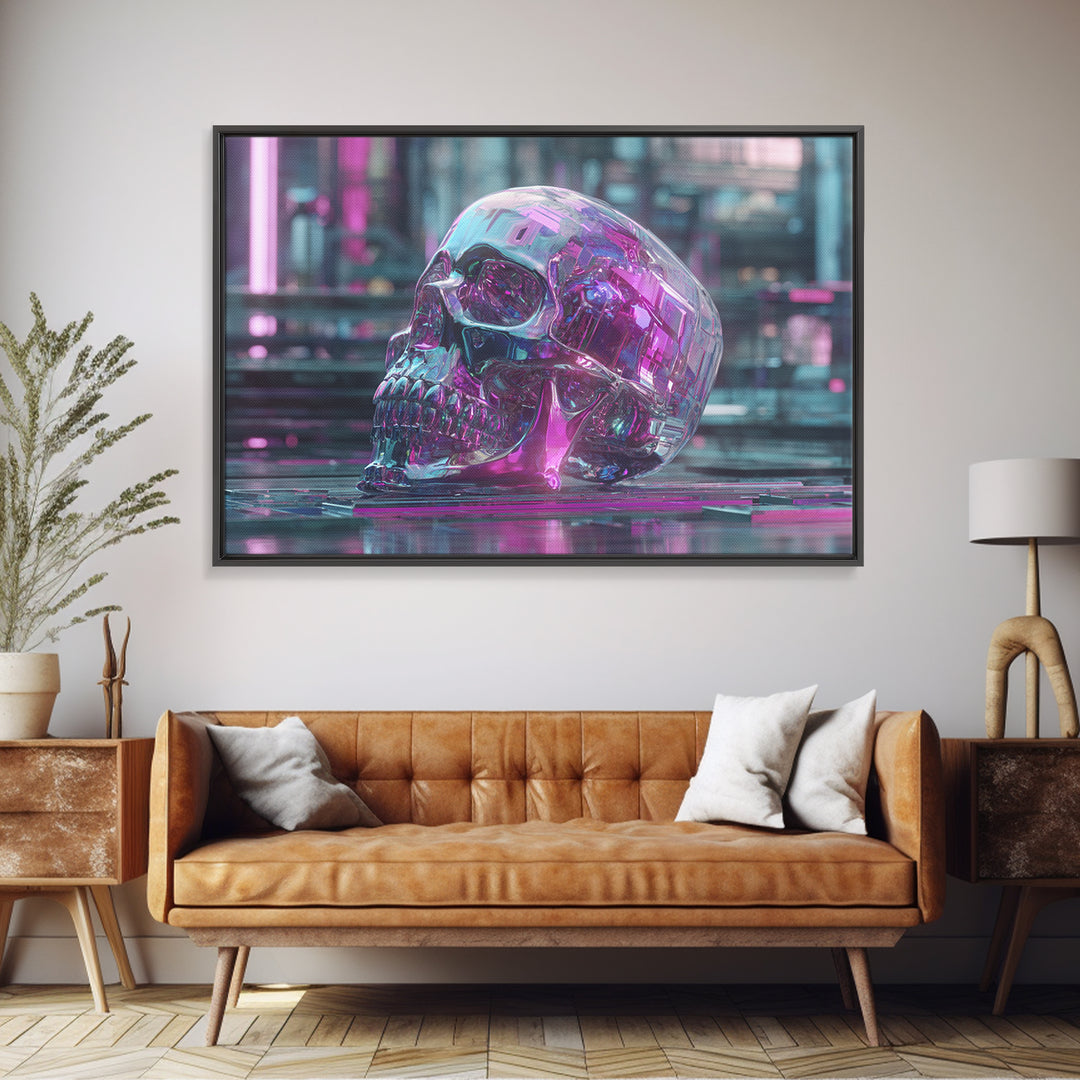 Cyberpunk Skull with Chrome and Violet Light Framed Canvas Print, Cyberpunk Art, Urban Wall Art, Living Room Decor, Neon, CYB-3x2-24