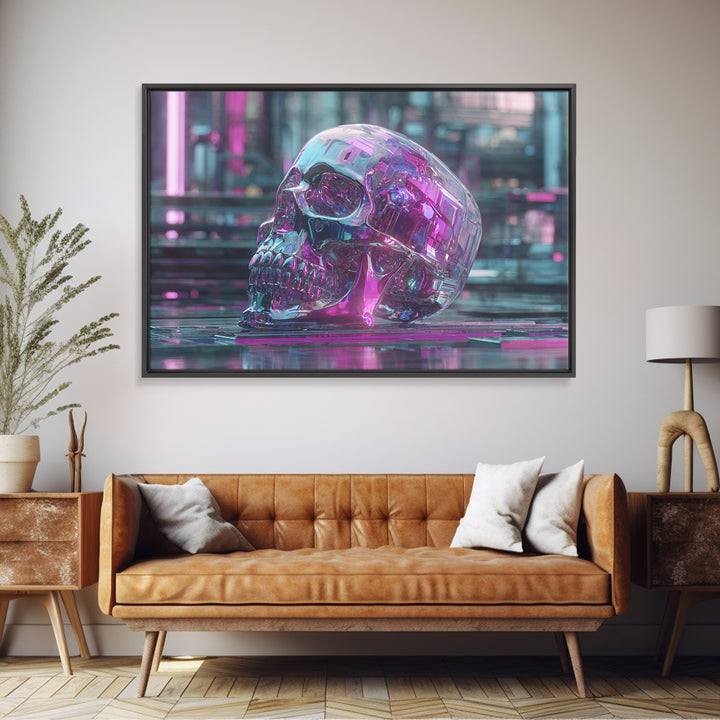 Cyberpunk Skull with Chrome and Violet Light Framed Canvas Print, Cyberpunk Art, Urban Wall Art, Living Room Decor, Neon, CYB-3x2-24