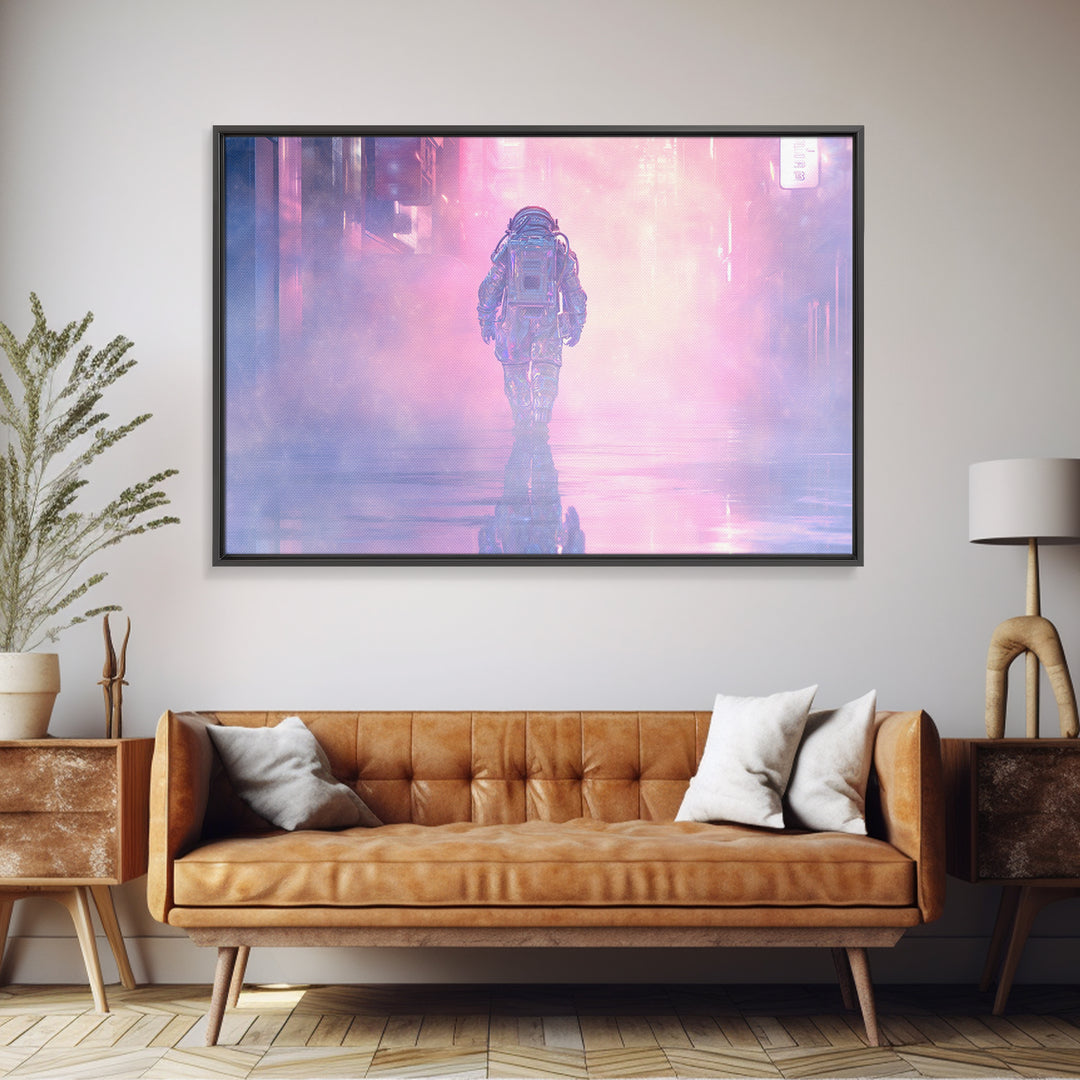 Astronaut Street Wanderer Framed Canvas Print, Cyberpunk Art, Gallery Decor, Living Room Decor, Fine Art, Neon, Wall Art, CYB-3x2-27