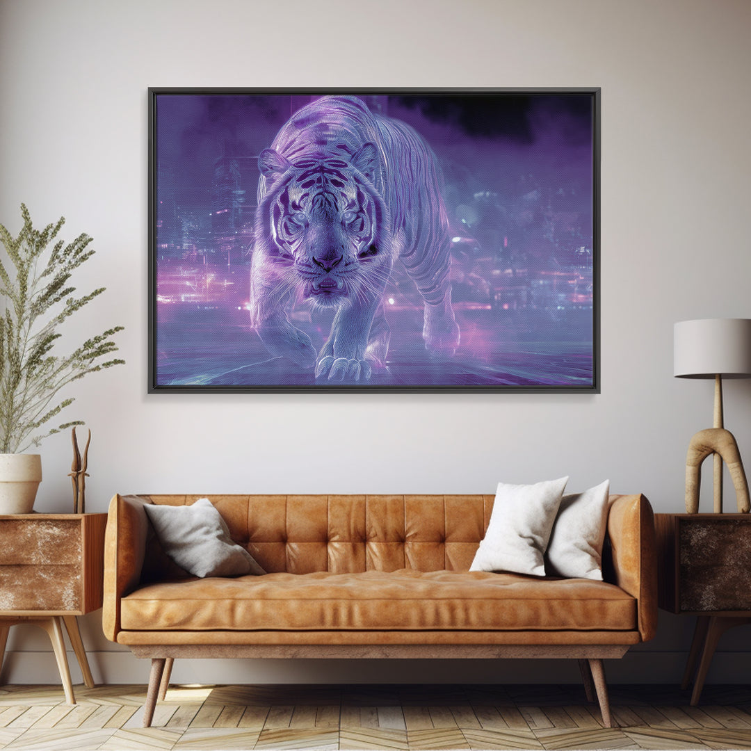 Neon Tiger Emerging from Digital Fog Canvas Print, Cyberpunk Art, Fantasy Art, Living Room Decor, Oil Painting, Neon, CYB-3x2-37
