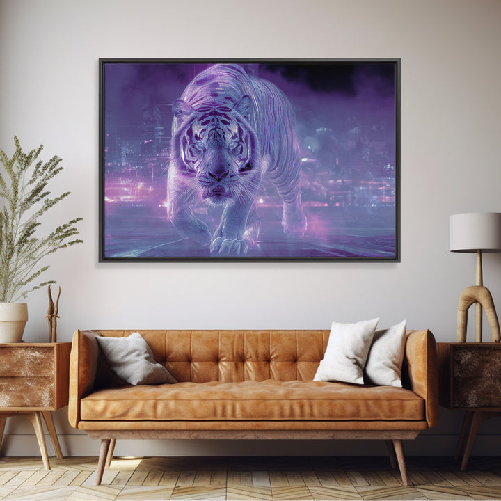 Neon Tiger Emerging from Digital Fog Canvas Print, Cyberpunk Art, Fantasy Art, Living Room Decor, Oil Painting, Neon, CYB-3x2-37