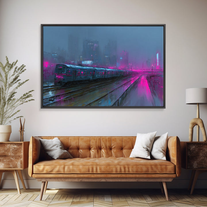 City Train Rushing Through Pink Electric Haze Canvas Print, Cyberpunk Art, Modern Wall Decor, Living Room Decor, Neon, CYB-3x2-41