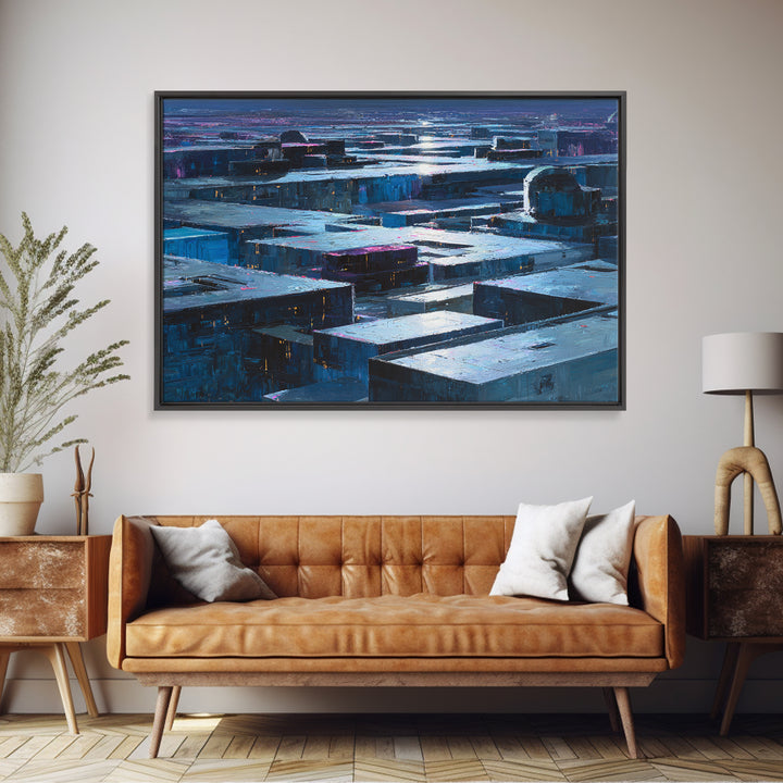 Dystopian Moon over Dense Rooftops Framed Canvas Print, Cyberpunk Art, Cyberpunk Decor, Living Room Decor, Fine Art, Neon, CYB-3x2-46