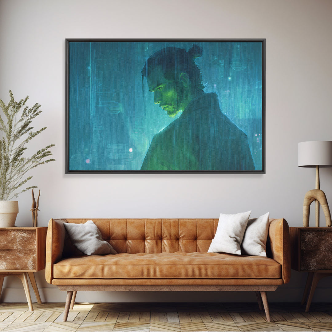 Neon Samurai Portrait Framed Canvas Print, Cyberpunk Art, Minimalist Poster, Living Room Decor, Fine Art, Neon, CYB-3x2-5