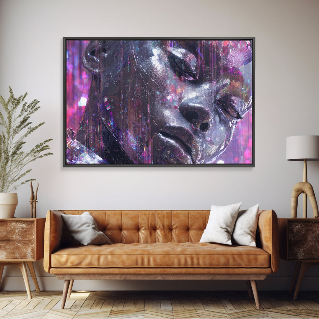 Ai Mask Portrait Canvas Print, Cyberpunk Art, Cyberpunk Helmet, Living Room Decor, Fine Art, Neon, Textured Painting, CYB-3x2-52