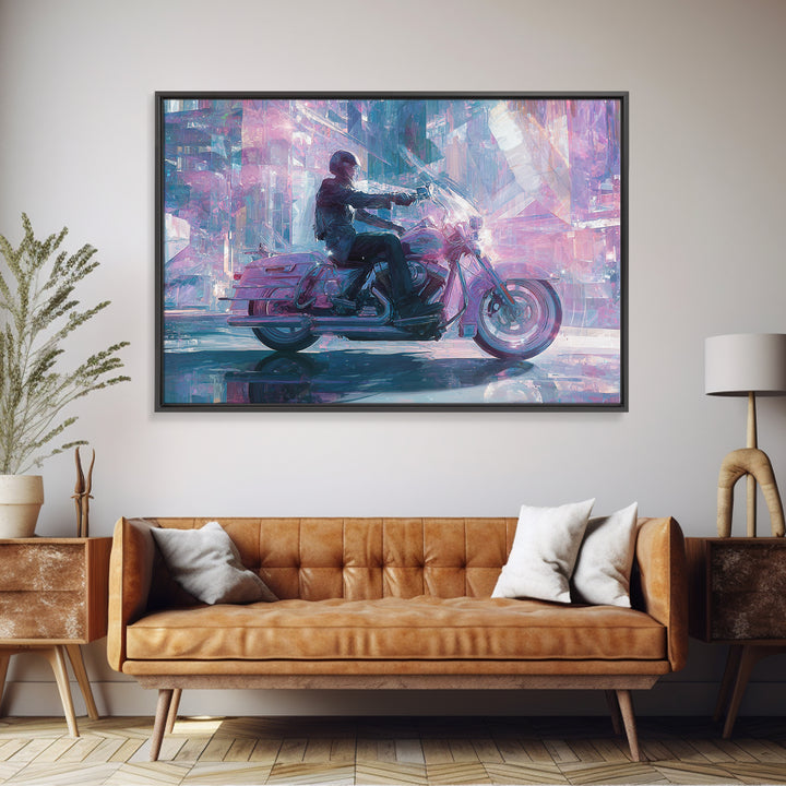 Motorcycle Rider under Holographic Signs Canvas Print, Cyberpunk Art, Room Decor, Living Room Decor, Neon 556, Cyberpunk, CYB-3x2-56