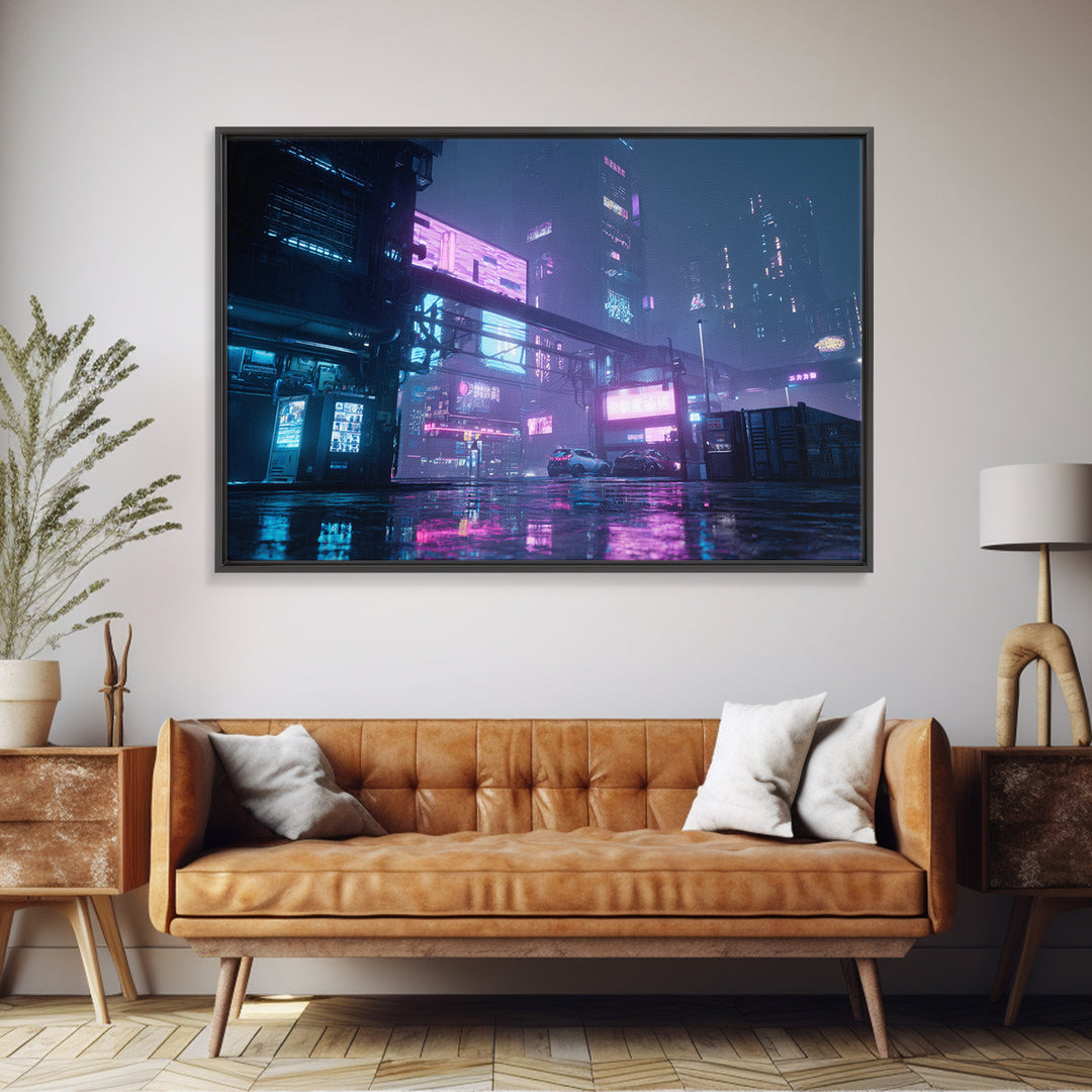 Retro Arcade Dystopia Canvas Print, Cyberpunk Art, Cool Wall Art, Living Room Decor, Neon, Gallery Decor, Neutral Decor, CYB-3x2-62