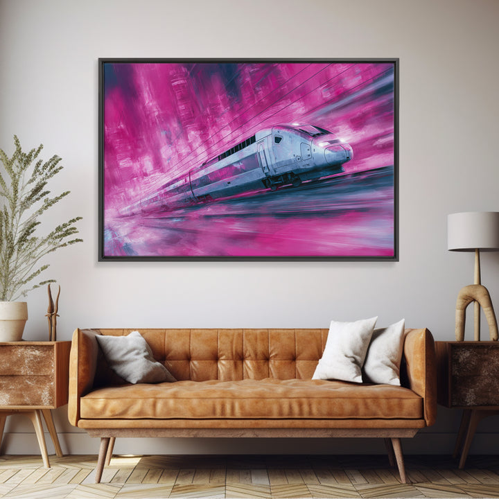 City Train Rushing Through Pink Electric Haze Canvas Print, Cyberpunk Art, Modern Wall Decor, Living Room Decor, Neon, CYB-3x2-65