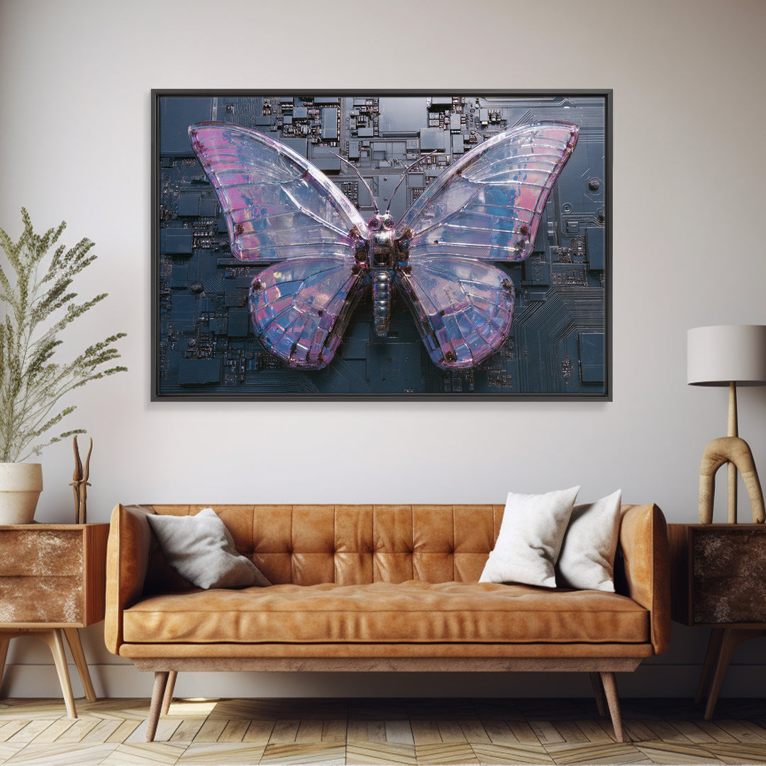 Holographic Butterfly over Black Metal Surface Framed Canvas Print, Cyberpunk Art, Modern Wall Decor, Living Room Decor, Neon, CYB-3x2-71