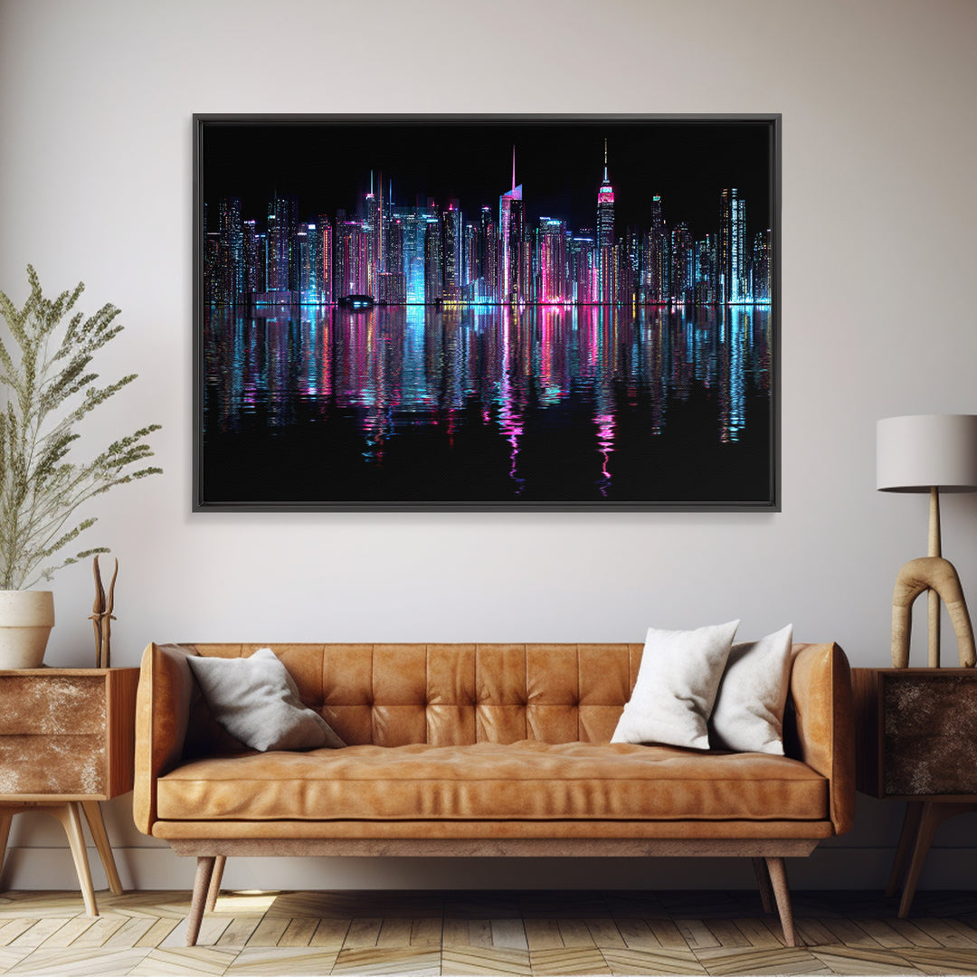 Neon Skyline Reflected Framed Canvas Print, Cyberpunk Art, Man Cave Decor, Living Room Decor, Fine Art, Neon, Fine Art Print, CYB-3x2-74