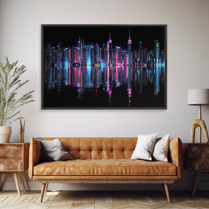 Neon Skyline Reflected Framed Canvas Print, Cyberpunk Art, Man Cave Decor, Living Room Decor, Fine Art, Neon, Fine Art Print, CYB-3x2-74