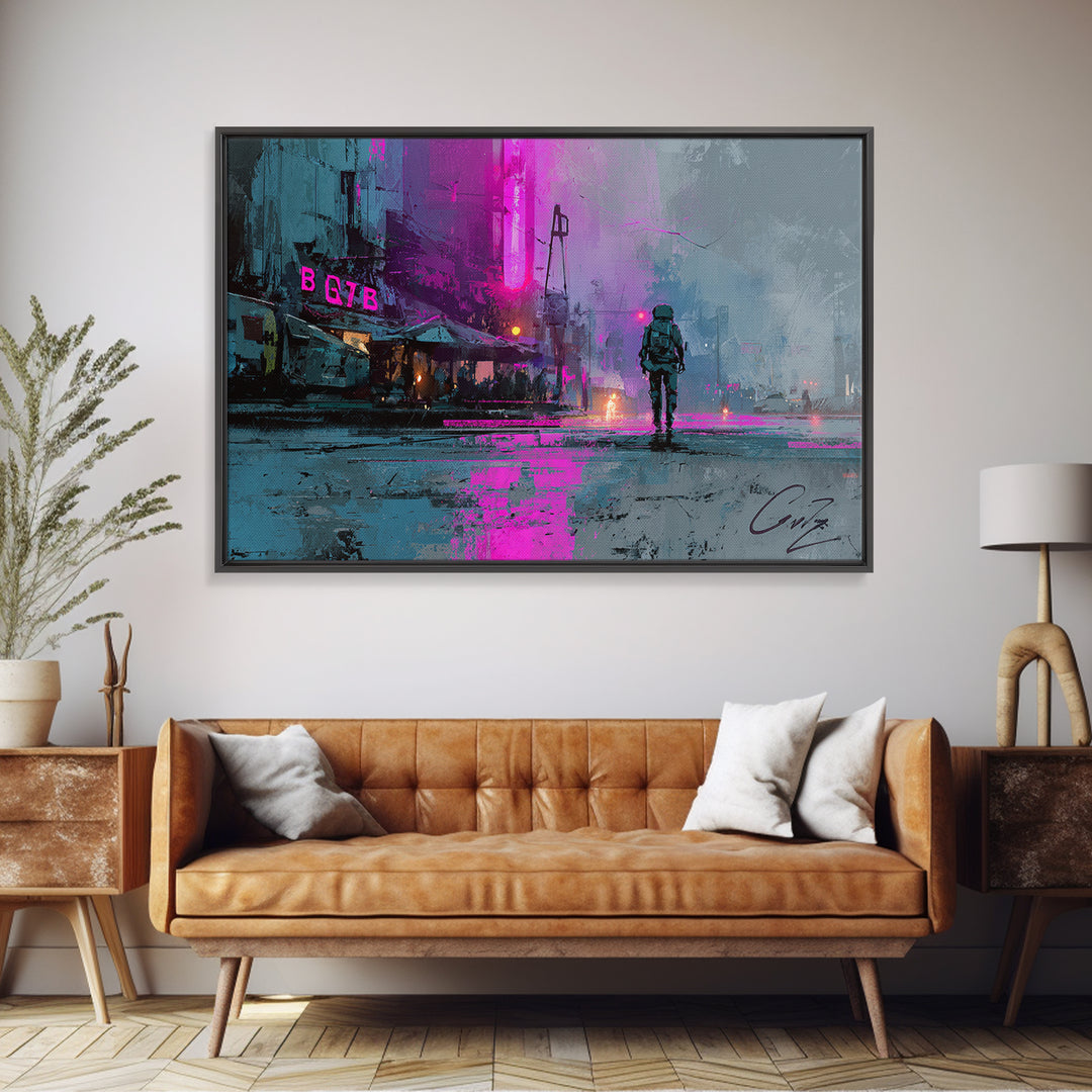 Astronaut Street Wanderer Canvas Print, Cyberpunk Art, Art Print, Living Room Decor, Neon, Blue Wall Art, Cool Wall Art, CYB-3x2-75