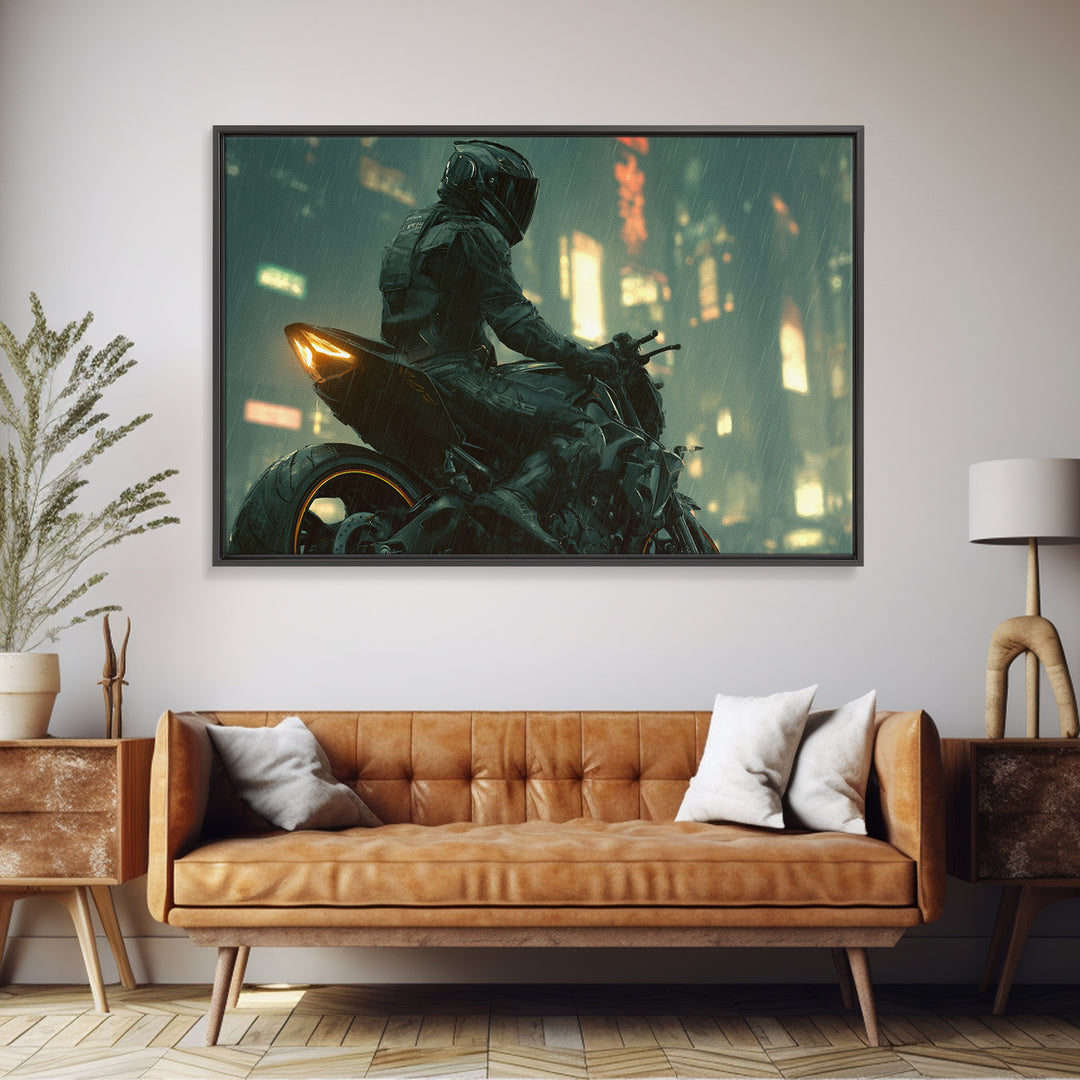 Motorcycle Rider under Holographic Signs Framed Canvas Print, Cyberpunk Art, Home Decor, Living Room Decor, Fine Art, Neon, CYB-3x2-80