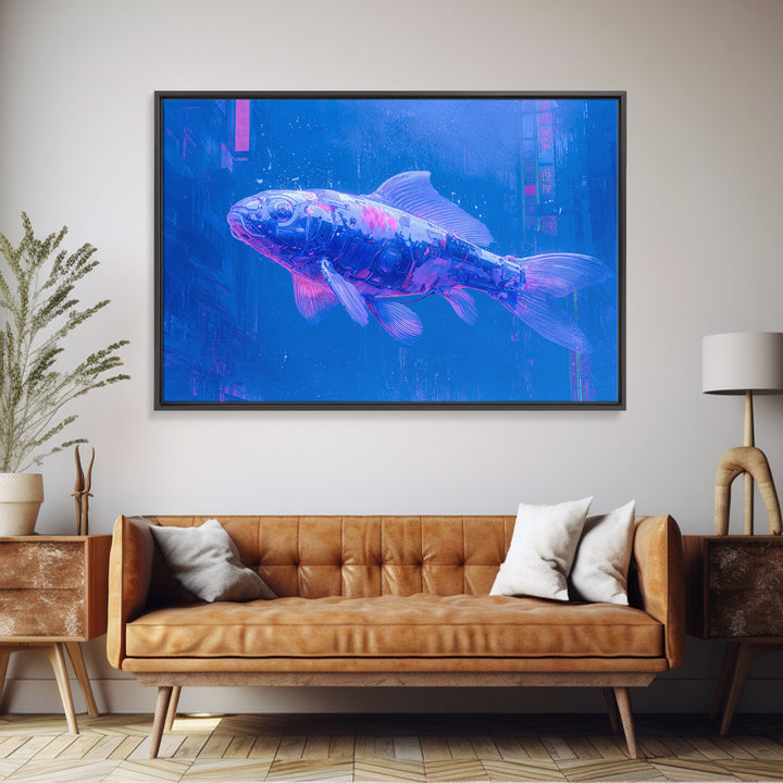 Cyberpunk Koi Swimming Through Electric Blue Water Framed Canvas Print, Cyberpunk Art, Fine Art Print, Living Room Decor, Neon, CYB-3x2-81