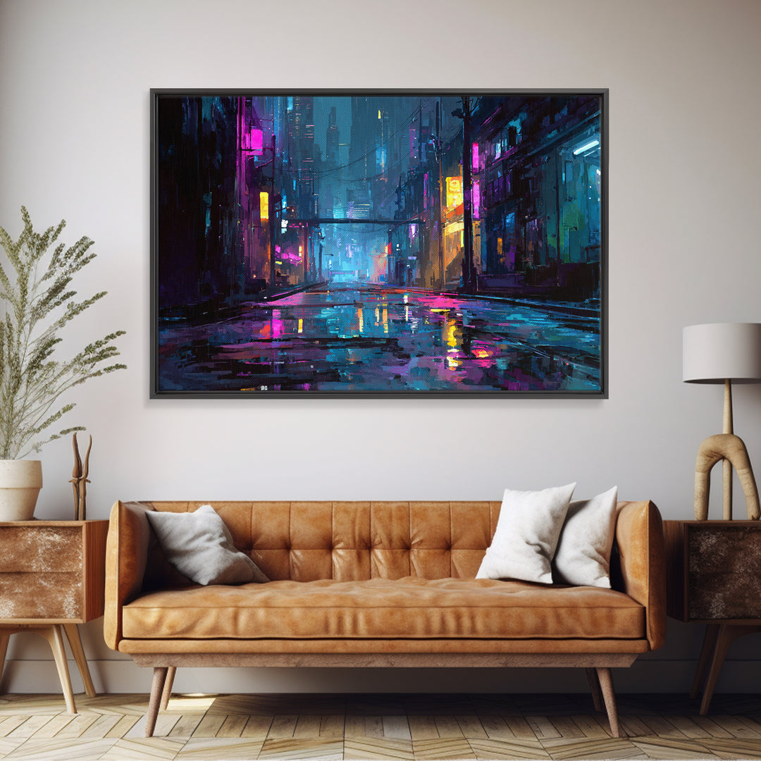 Rain Soaked Alley Canvas Print, Cyberpunk Art, Poster, Living Room Decor, Fine Art, Neon, Modern Wall Art, Japanese Art, CYB-3x2-84