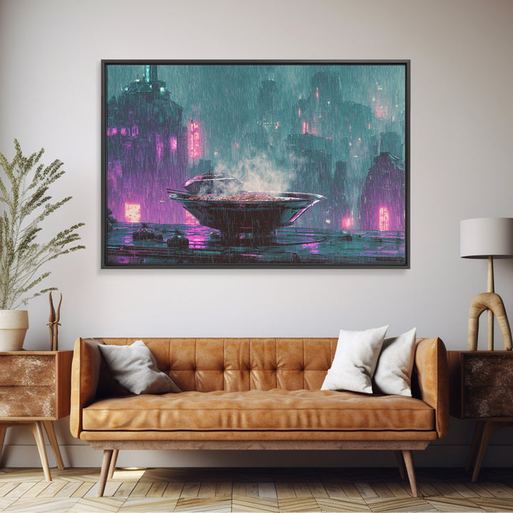 Futuristic Ramen Bowl Canvas Print, Cyberpunk Art, Wall Decor, Living Room Decor, Fine Art, Neon, Japanese Art, Modern Art, CYB-3x2-88