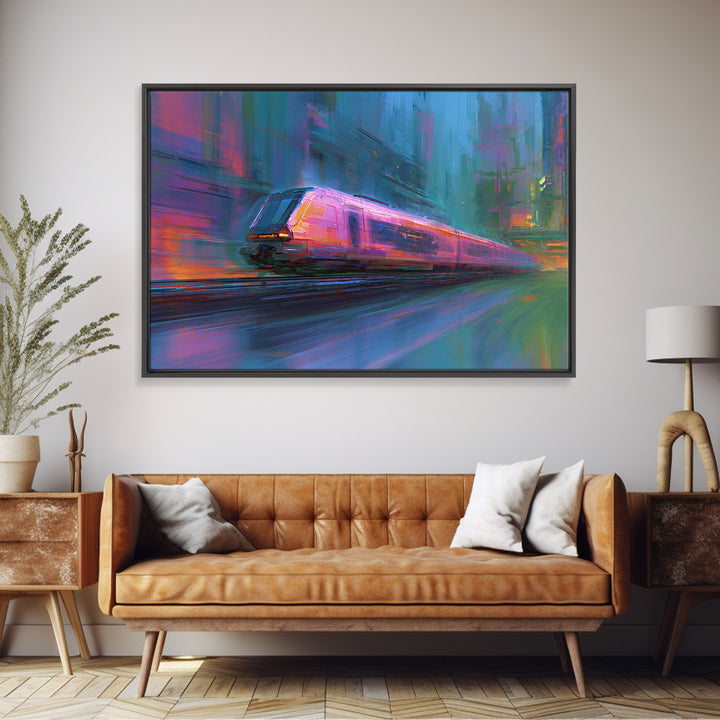 City Train Rushing Through Pink Electric Haze Canvas Print, Cyberpunk Art, Boho Decor, Living Room Decor, Oil Painting, Neon, CYB-3x2-89
