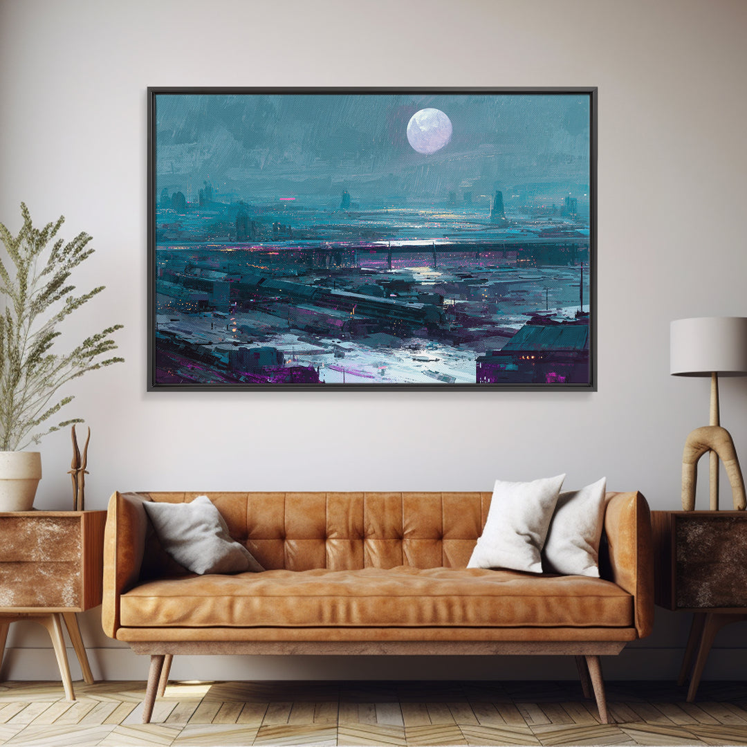 Dystopian Moon over Dense Rooftops Canvas Print, Cyberpunk Art, Cyberpunk Helmet, Living Room Decor, Abstract Art, Neon, CYB-3x2-94