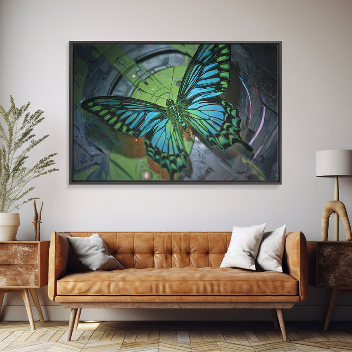 Holographic Butterfly over Black Metal Surface Framed Canvas Print, Cyberpunk Art, Gothic Decor, Living Room Decor, CYB-3x2-95