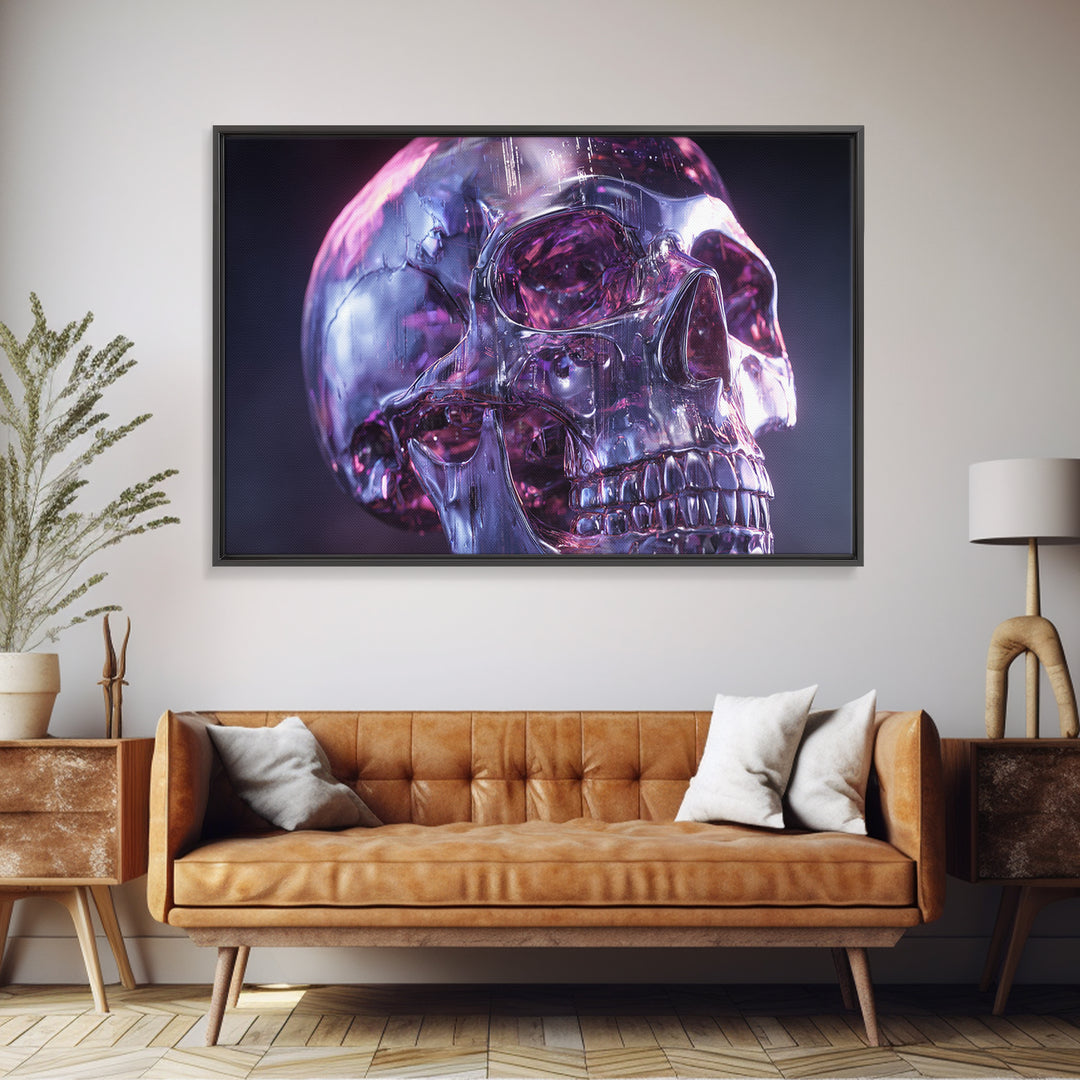 Cyberpunk Skull with Chrome and Violet Light Framed Canvas Print, Cyberpunk Art, Art Print, Living Room Decor, Fine Art, Neon, CYB-3x2-96