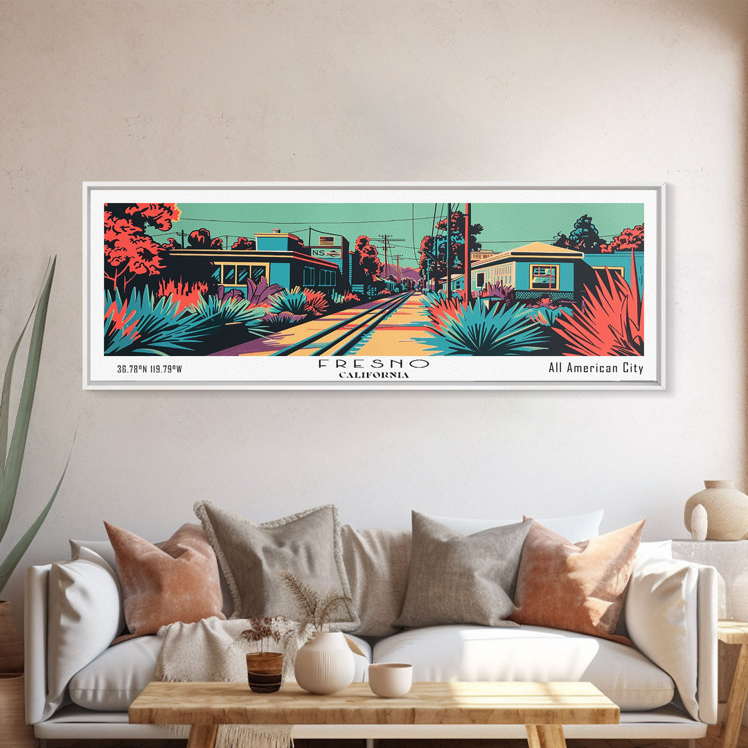 Fresno California Panoramic Framed Canvas Print, Travel Poster, Mid Century Modern Art, Pop Art Style, Wall Art, Home Decor, Living Room Art, Vintage Wall Art