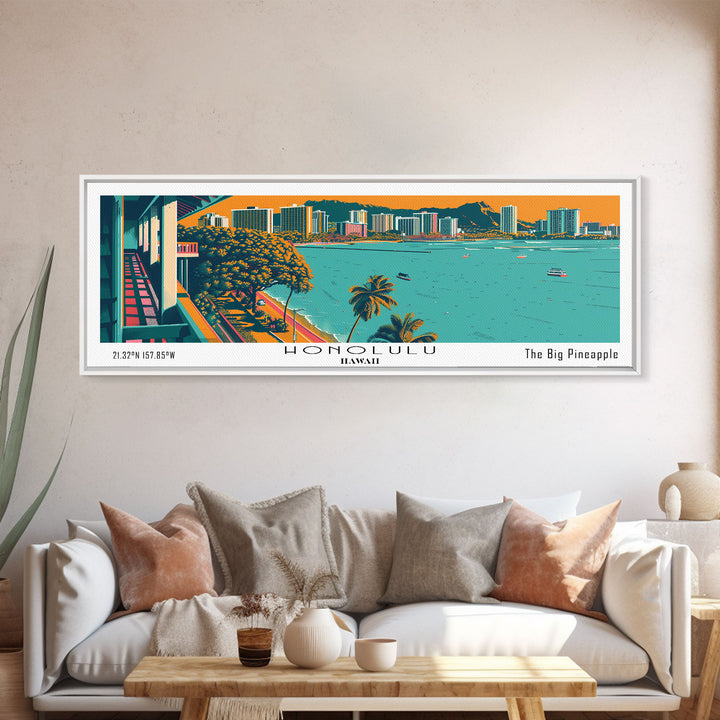 Honolulu Hawaii Panoramic Travel Poster Framed Canvas Print, Mid Century Modern Art, Pop Art Style, Wall Hanging, Home Decor, Vintage Wall Art, Office Wall Art