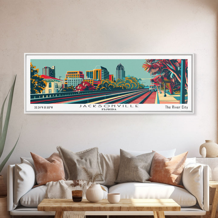 Jacksonville Florida Travel Poster Framed Canvas Print, Panoramic Mid Century Modern Art, Pop Art Style, Wall Art, Home Decor, Wall Hanging, Vintage Wall Art