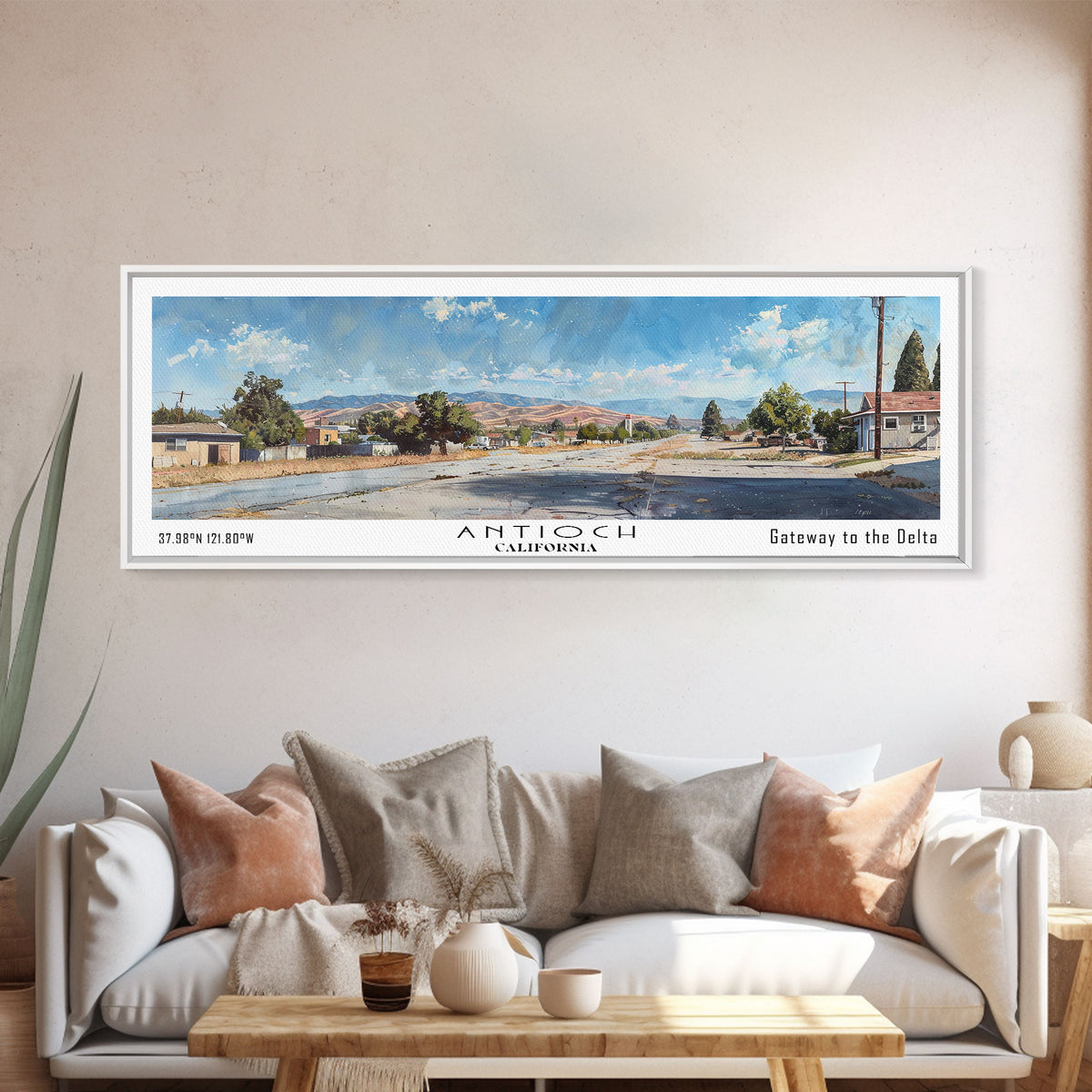 Antioch California Panoramic Painting, Watercolor Framed Canvas Print, Scenic City Art, Travel Poster, Home Decor, Wall Art, Office Wall Art