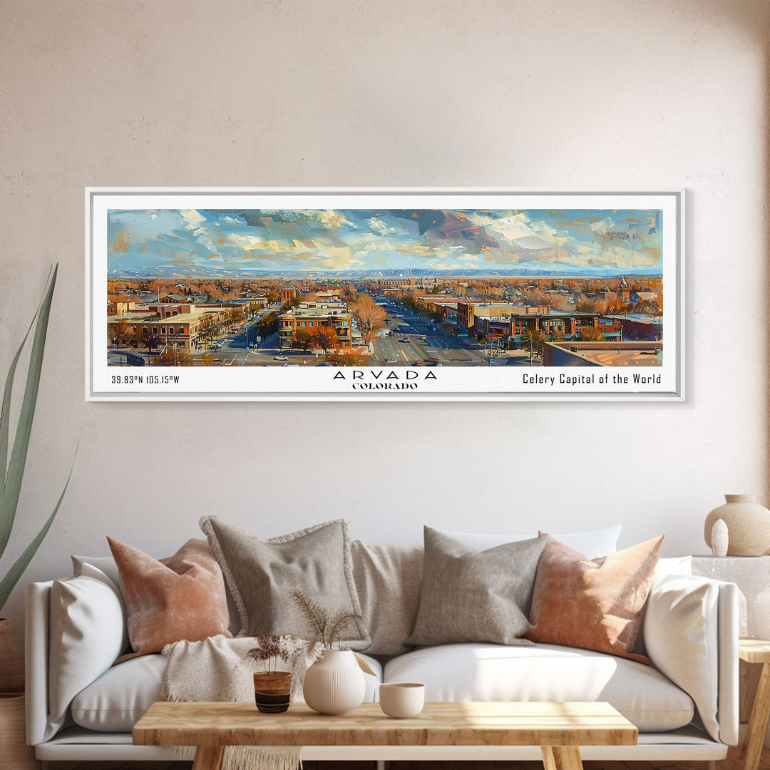 Arvada Colorado Panoramic Painting, Watercolor Framed Canvas Print, Scenic City Art, Travel Poster, Home Decor, Wall Art, Gift Idea