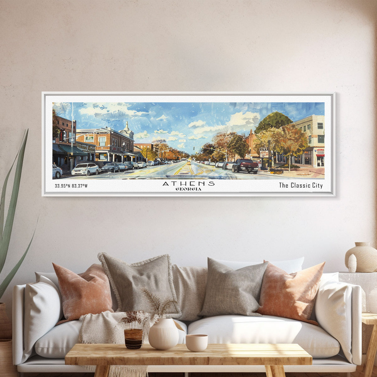 Athens Georgia Panoramic Painting, Watercolor Framed Canvas Print, Scenic City Art, Travel Poster, Home Decor, Wall Hanging, Gift Idea