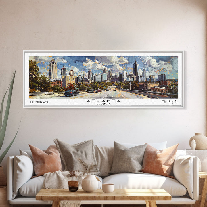 Atlanta Georgia Panoramic Watercolor Painting, Framed Canvas Print, Scenic City Art, Travel Poster, Home Decor, Wall Art, Office Wall Art
