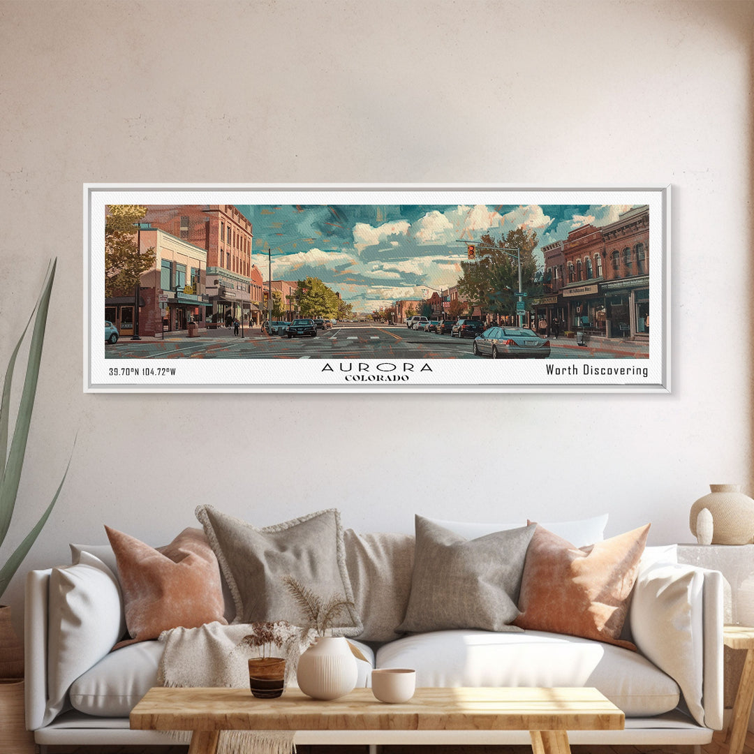 Aurora Colorado Panoramic Painting, Watercolor Framed Canvas Print, Scenic City Art, Travel Poster, Home Decor, Wall Hanging, Office Wall Art
