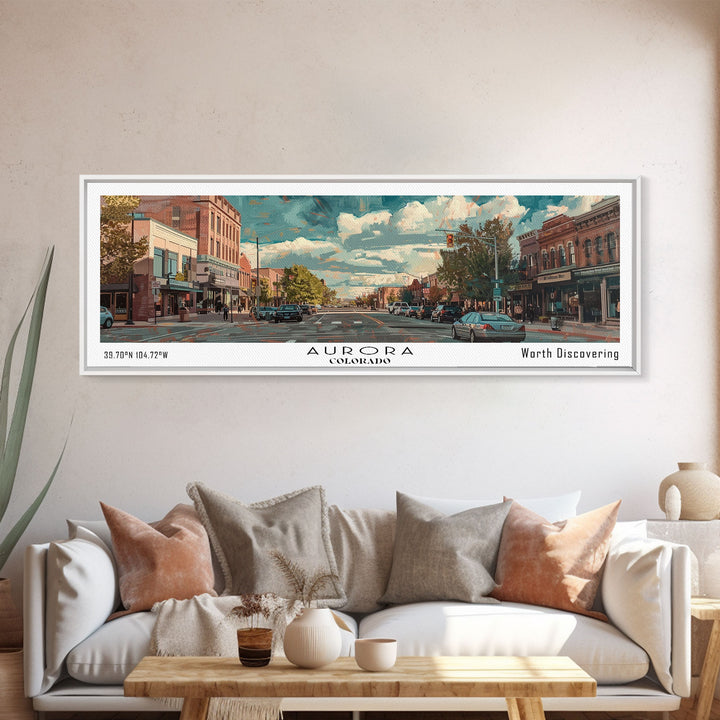 Aurora Colorado Panoramic Painting, Watercolor Framed Canvas Print, Scenic City Art, Travel Poster, Home Decor, Wall Hanging, Office Wall Art