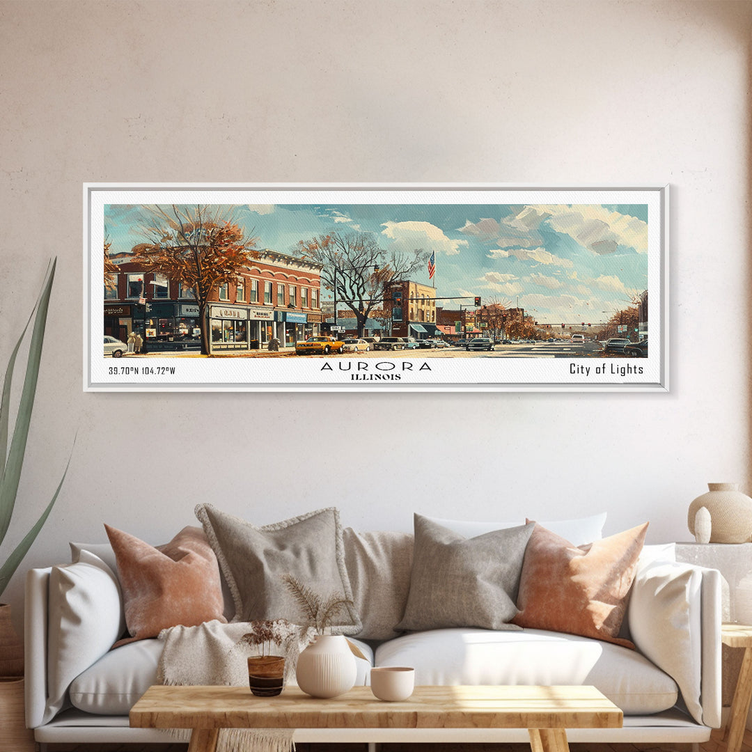 Aurora Illinois Panoramic Painting, Watercolor Framed Canvas Print, Scenic City Art, Travel Poster, Home Decor, Wall Art, Gift Idea