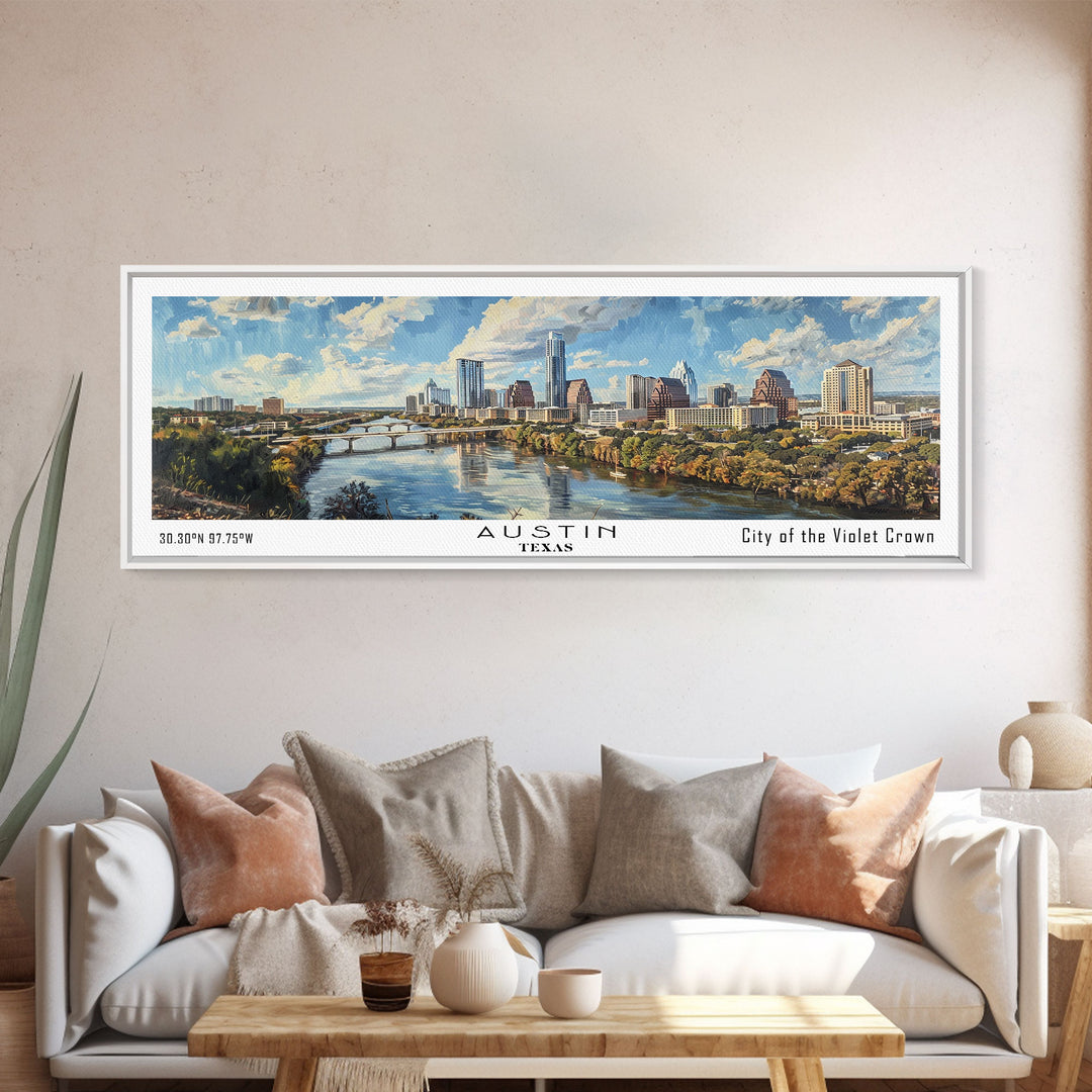 Austin Texas Panoramic Painting, Watercolor Framed Canvas Print, Scenic City Art, Travel Poster, Wall Decor, Living Room Art, Office Wall Art