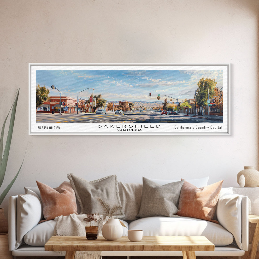 Bakersfield California Panoramic Painting, Watercolor Framed Canvas Print, Scenic City Art, Travel Poster, Home Decor, Wall Hanging, Gift Idea