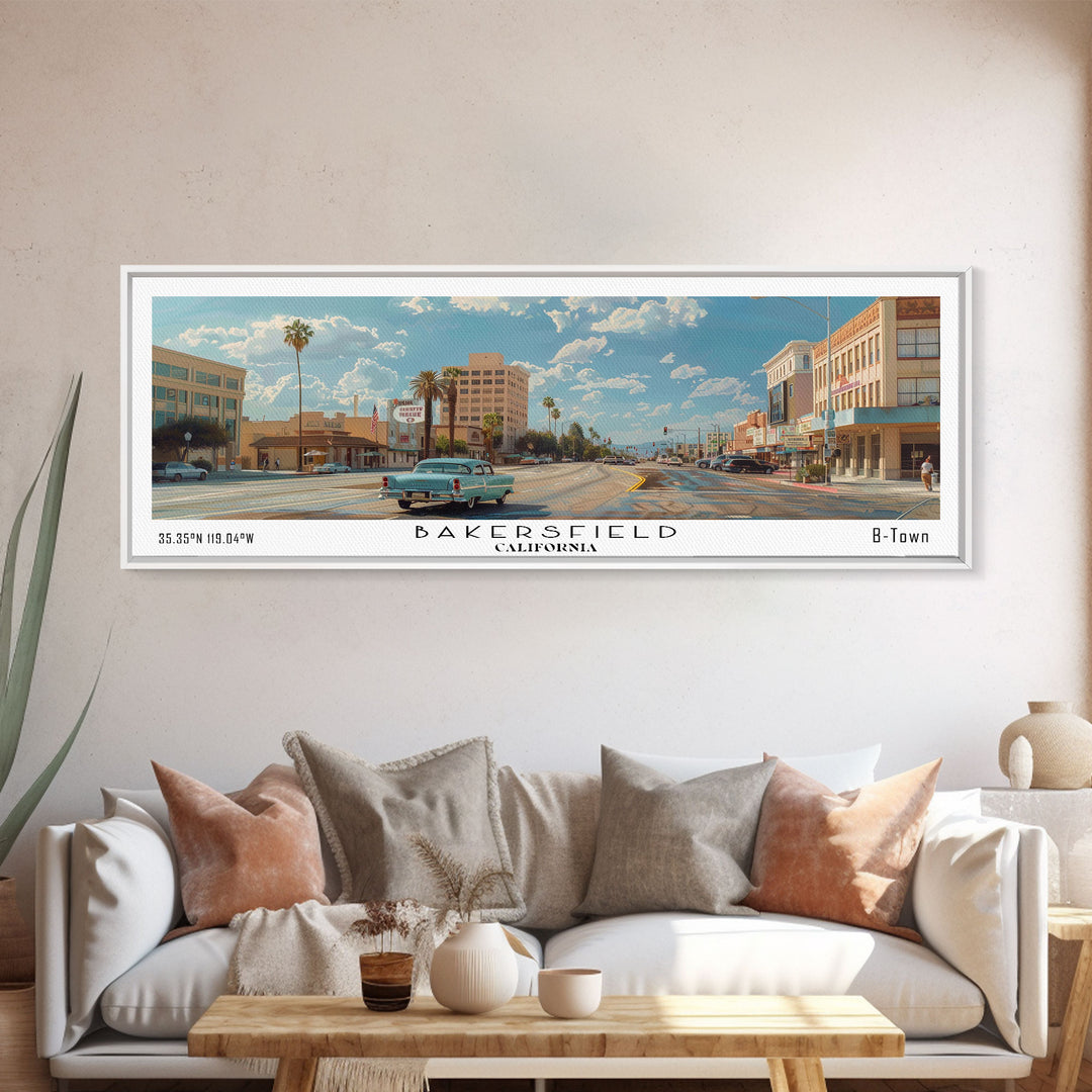 Bakersfield California Panoramic Watercolor Painting, Framed Canvas Print, Scenic City Art, Travel Poster, Wall Decor, Living Room Art, Office Wall Art
