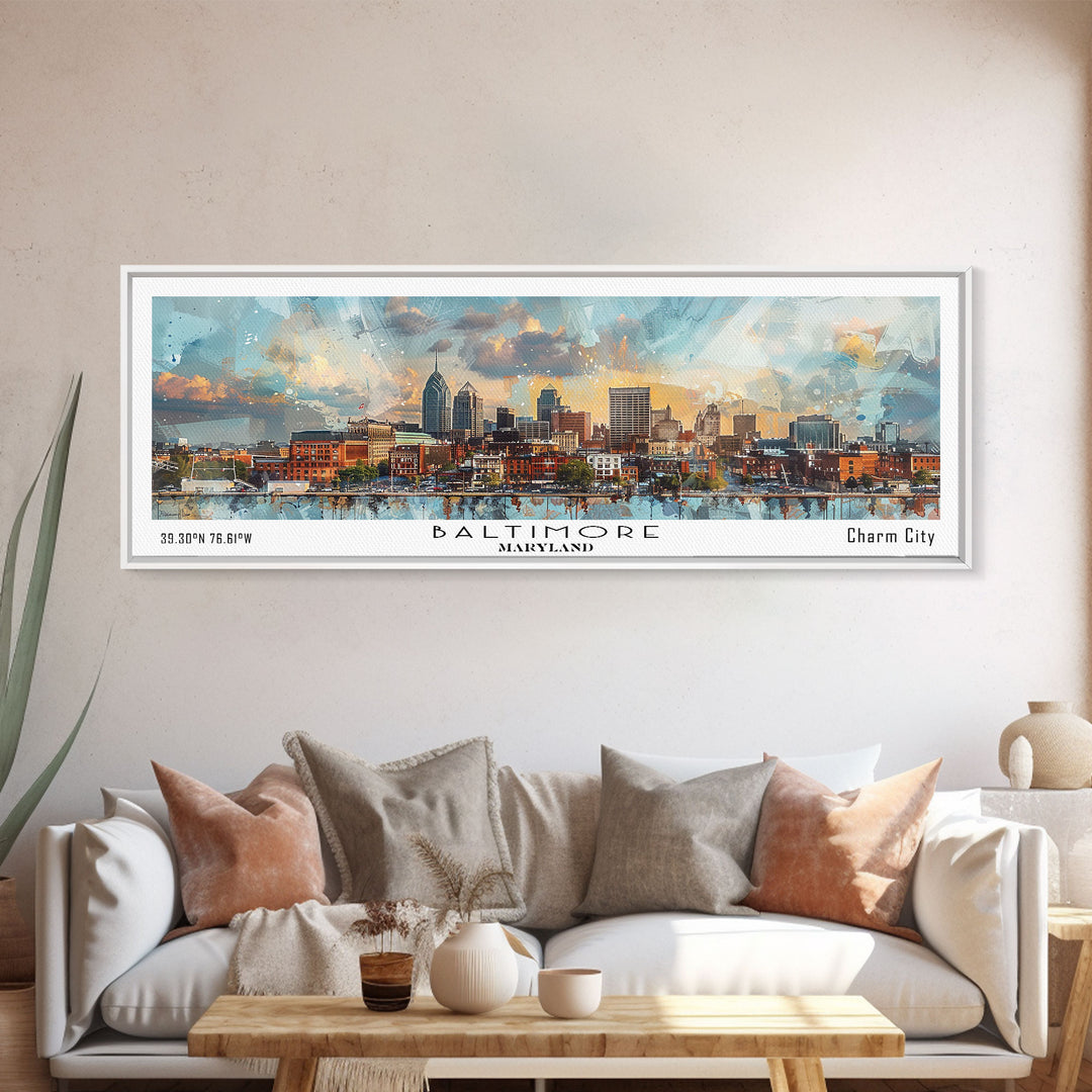 Baltimore Maryland Panoramic Painting, Watercolor Framed Canvas Print, Scenic City Art, Travel Poster, Home Decor, Wall Hanging, Office Wall Art