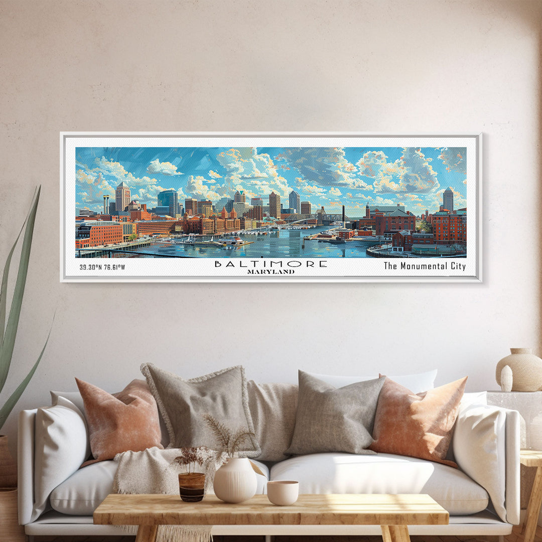 Baltimore Maryland Panoramic Watercolor Painting, Framed Canvas Print, Scenic City Art, Travel Poster, Wall Decor, Living Room Art, Gift Idea