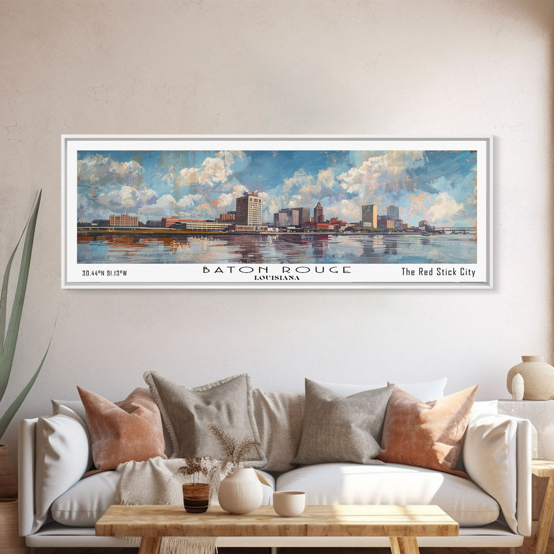 Baton Rouge Louisiana Panoramic Painting, Watercolor Framed Canvas Print, Scenic City Art, Travel Poster, Home Decor, Wall Art, Office Wall Art