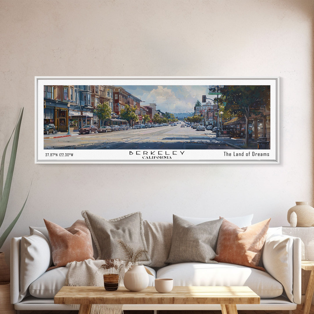 Berkeley California Panoramic Painting, Watercolor Framed Canvas Print, Scenic City Art, Travel Poster, Home Decor, Wall Art, Office Wall Art