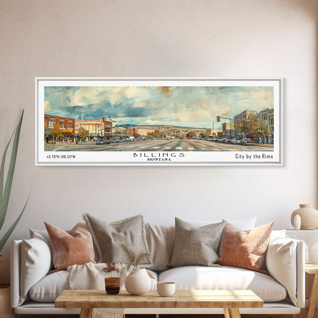 Billings Montana Panoramic Painting, Watercolor Framed Canvas Print, Scenic City Art, Travel Poster, Home Decor, Wall Hanging, Living Room Art