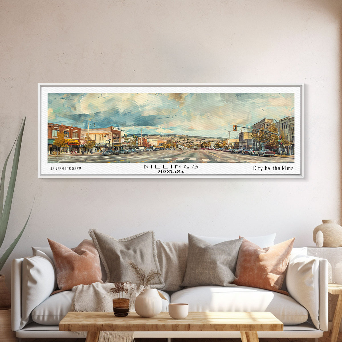 Billings Montana Panoramic Painting, Watercolor Framed Canvas Print, Scenic City Art, Travel Poster, Home Decor, Wall Hanging, Living Room Art