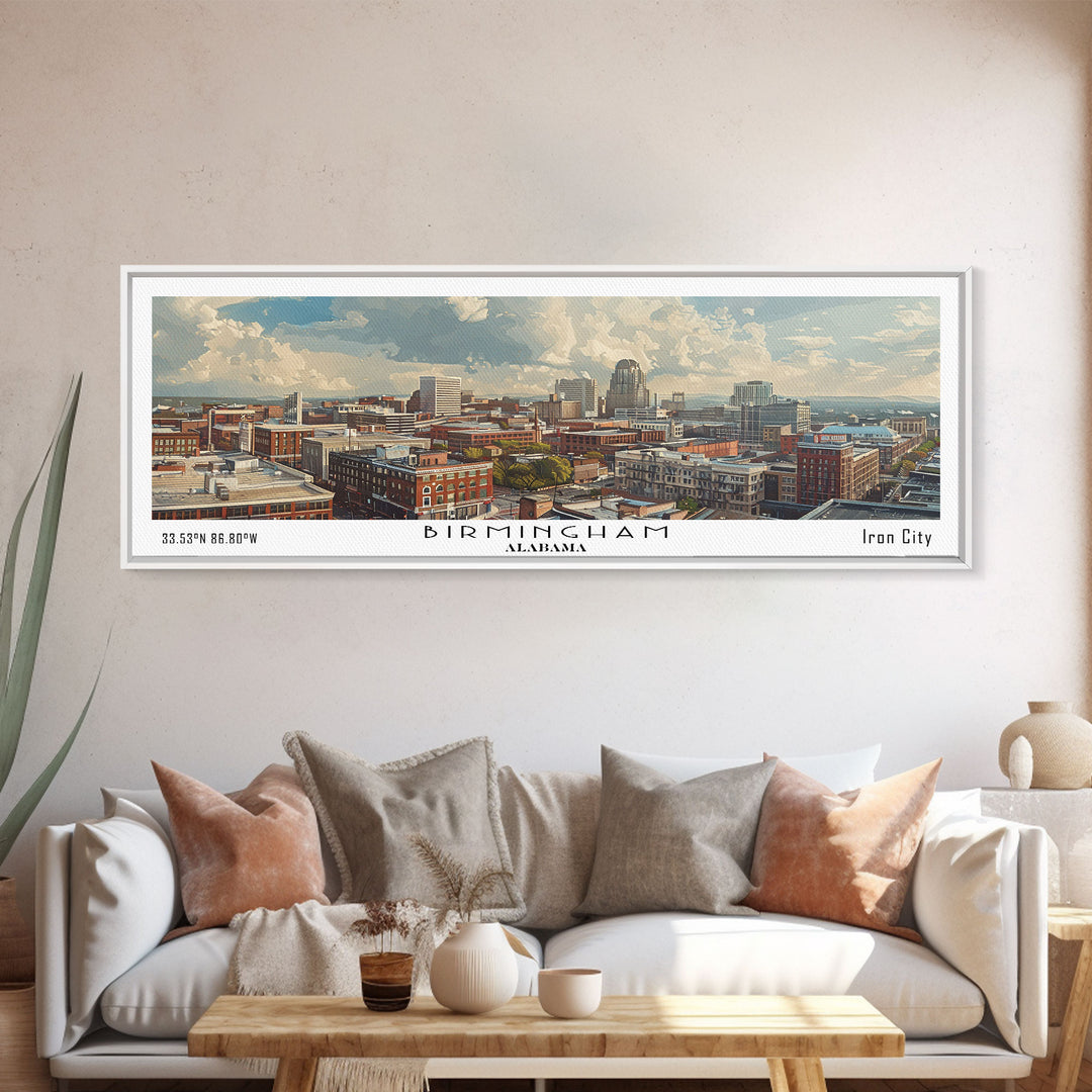 Birmingham Alabama Panoramic Painting, Watercolor Framed Canvas Print, Scenic City Art, Travel Poster, Wall Decor, Living Room Art, Gift Idea